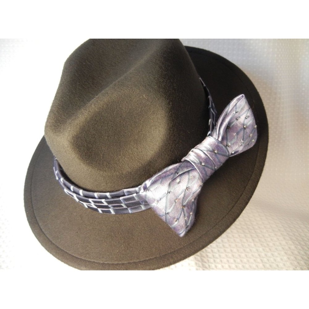 Boho Fedora woman's fancy big bow hat, Black fedora with Lavender beaded  hatban